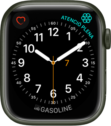 L’esfera Utilitat, en la qual pots ajustar el color de la busca dels segons i ajustar els números i els detalls de l’esfera. Hi apareixen tres complicacions: Freqüència Cardíaca a la part superior esquerra, Atenció plena a la part superior dreta i Música a baix.