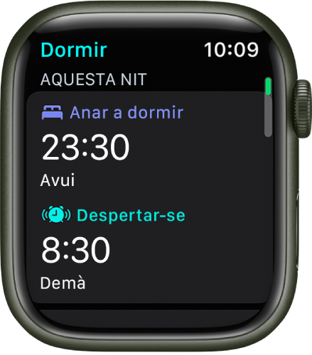 Pantalla de l’app Dormir a l’Apple Watch amb l’horari de son del vespre. L’hora d’anar a dormir apareix a la part superior, i a sota hi ha l’hora de llevar-se.