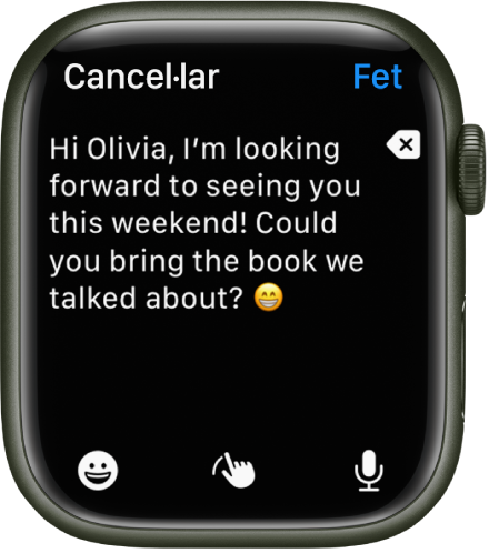L’app Mail mostra una pantalla en què redactes el missatge de correu. El text del cos és cap a la part superior i hi ha el botó “Eliminar” a la dreta. A la part inferior hi ha els botons Emoji, “Escriure a mà” i Dictar. El botó Fet és a la part superior dreta.