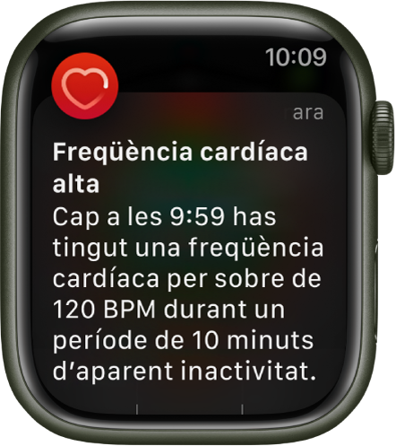 Pantalla “Freqüència cardíaca alta” amb una notificació que indica que la teva freqüència cardíaca ha superat els 120 bpm mentre has estat sense activitat durant 10 minuts.