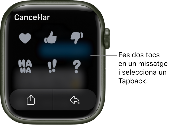 Una conversa a l’app Missatges amb algunes opcions de Tapback: un cor, una mà amb el polze cap amunt, una mà amb el polze cap avall, un riure, !! i ?. El botó Respondre és a sota.