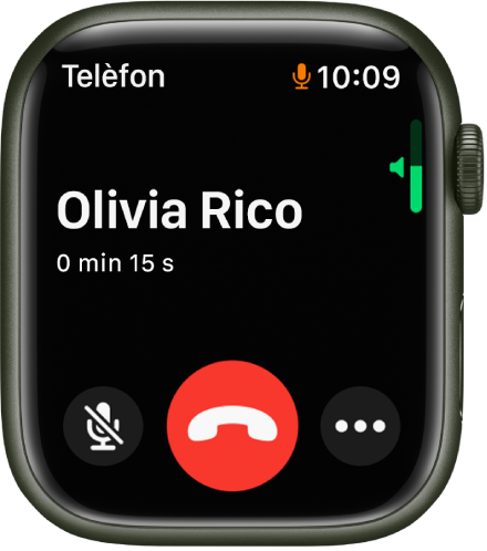 Durant una trucada entrant, la pantalla mostra l’indicador de volum vertical a la part superior dreta, el botó Silenciar a la part inferior esquerra i el botó vermell Refusar. La durada de la trucada apareix a sota del nom de la persona que truca.