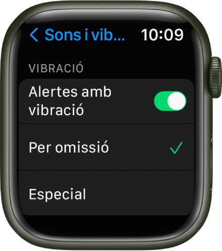 La configuració “Sons i vibracions” a l’Apple Watch, amb l’interruptor “Alertes amb vibració” i les opcions “Per omissió” i Especial a sota.