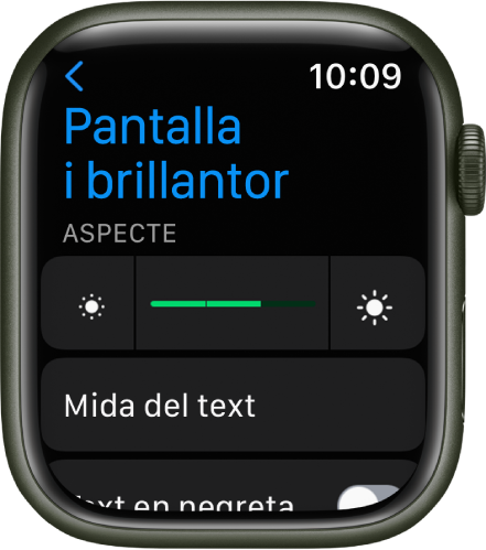 La configuració “Pantalla i brillantor” a l’Apple Watch, amb el regulador de brillantor a la part superior i el botó de “Mida del text” a sota.
