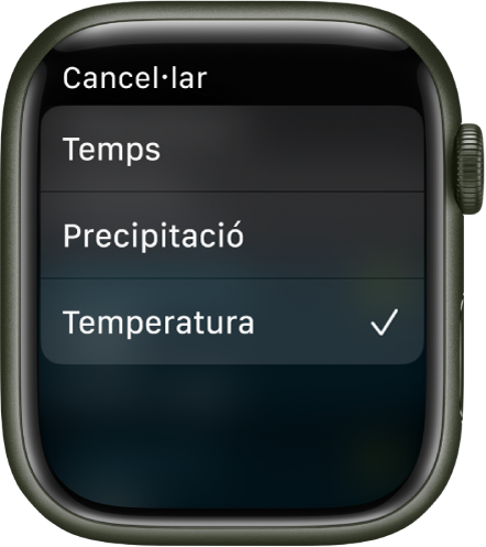 L’app Temps amb tres opcions en una llista: Condicions, Precipitacions i Temperatura.