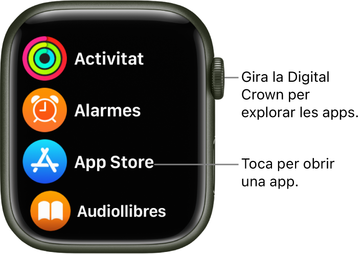 La pantalla d’inici de l’Apple Watch en vista en llista amb les apps en una llista. Toca una app per obrir-la. Desplaça’t per veure més apps.