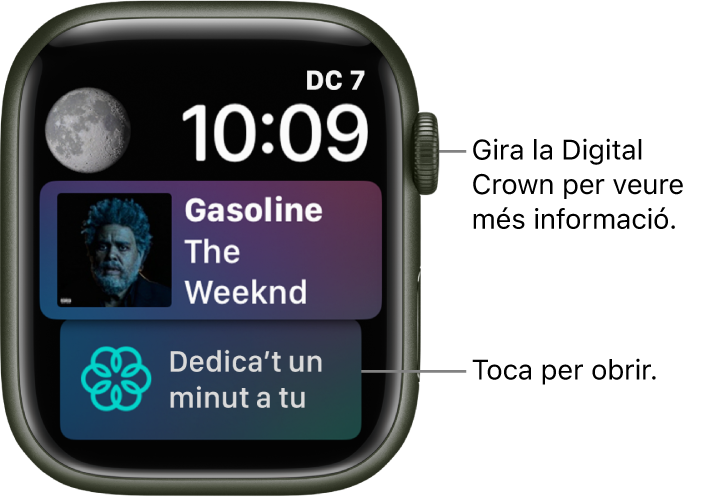 L’esfera Siri que mostra la data i hora a la part superior dreta. A la part superior esquerra hi ha la complicació Fase lunar. A sota, hi ha la complicació Música que mostra la cançó que s’està reproduint. A la part inferior, hi ha la complicació Atenció Plena.