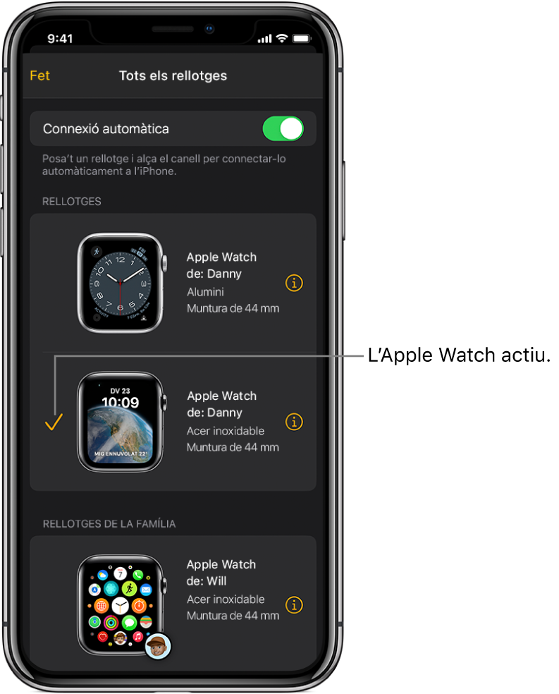 A la pantalla “Tots els rellotges” de l’app Apple Watch una marca de verificació mostra l’Apple Watch actiu.