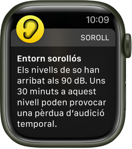 L’Apple Watch mostra una notificació de soroll. La icona per a l’app associada amb la notificació apareix a la part superior dreta. Pots tocar-la per obrir l’app.
