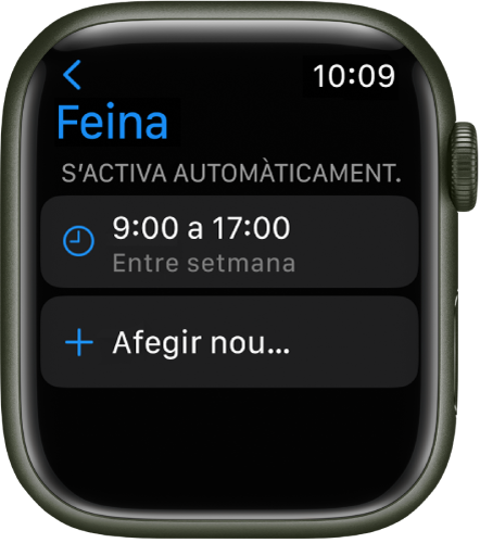La pantalla del mode Feina que mostra una programació de les 9:00 a les 17:00 els dies laborables. A sota hi ha el botó “Afegir nou”.