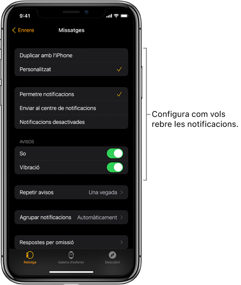 La configuració de l’app Missatges a l’app Apple Watch de l’iPhone. Pots triar si vols que es mostrin els avisos, s’activi el so, s’activi la vibració i es repeteixin els avisos.
