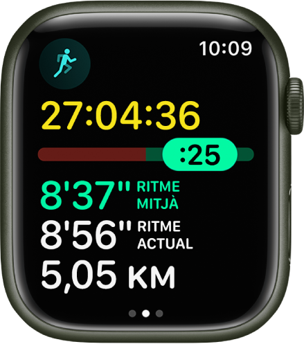 L’app Entrenament de l’Apple Watch amb les estadístiques del ritme en un entrenament de córrer. A la part superior es mostra la durada de la carrera. A sota hi ha un regulador que indica fins a quin punt vas per sobre o per sota del teu ritme. Més avall hi ha els valors de ritme mitjà, ritme actual i distància.