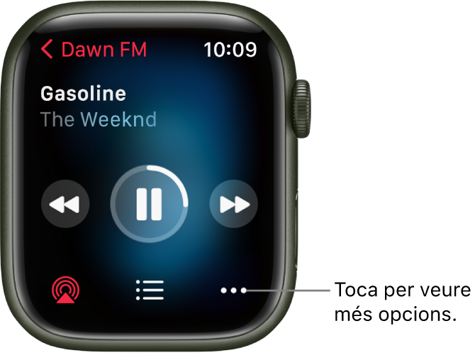 Pantalla “S’està reproduint” de l’app Música. El títol de l’àlbum es mostra a la part superior esquerra. El títol de la cançó i l’artista es mostren a sota. Al centre de la pantalla hi ha els controls de reproducció per retrocedir, per reproduir o posar en pausa i per avançar. A la part inferior de la pantalla hi ha els botons AirPlay, Llista de cançons i Més.