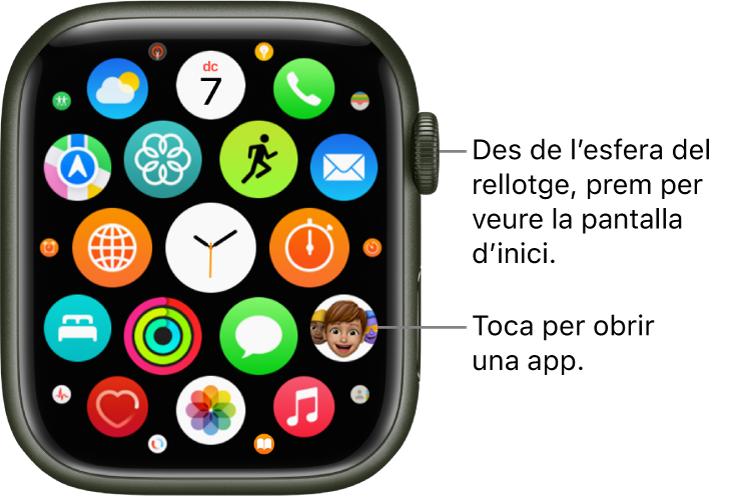 La pantalla d’inici de l’Apple Watch en vista de retícula amb les apps agrupades. Toca una app per obrir-la. Arrossega per veure més apps.