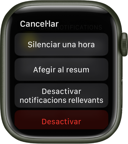 Configuració de les notificacions a l’Apple Watch. El botó superior diu “Silenciar una hora”. A sota, hi ha els botons “Afegir al resum”, “Desactivar les notificacions rellevants” i “Desactivar”.