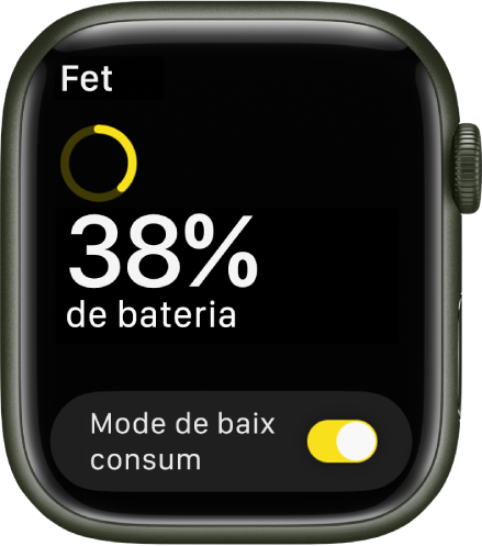 Pantalla de mode de baix consum amb un anell groc parcial que indica la càrrega restant, el text “38% de bateria restant” i el botó de mode de baix consum a la part inferior.