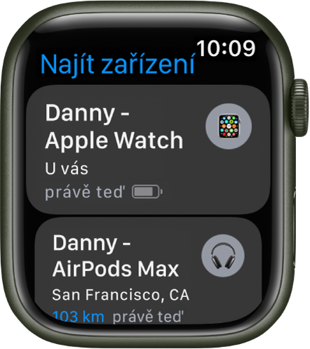 Aplikace Najít zařízení se dvěma zobrazenými zařízeními – Apple Watch a AirPody