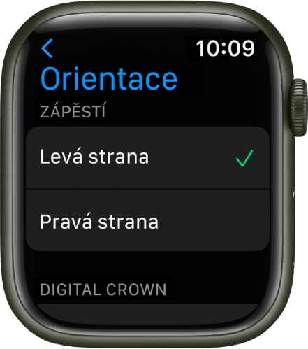 Obrazovka Orientace na Apple Watch. Můžete zde nastavit zápěstí a orientaci korunky Digital Crown.