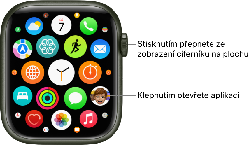 Plocha na Apple Watch v zobrazení Mřížka se shlukem aplikací. Klepněte na aplikaci, kterou chcete otevřít. Další aplikace zobrazíte tažením.