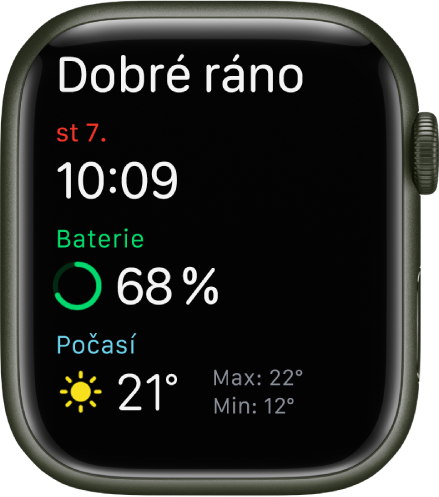 Apple Watch s úvodní obrazovkou po probuzení. Nahoře se zobrazují slova „Dobré ráno“. Pod nimi je uvedené datum, čas, procento nabití baterie a informace o počasí.