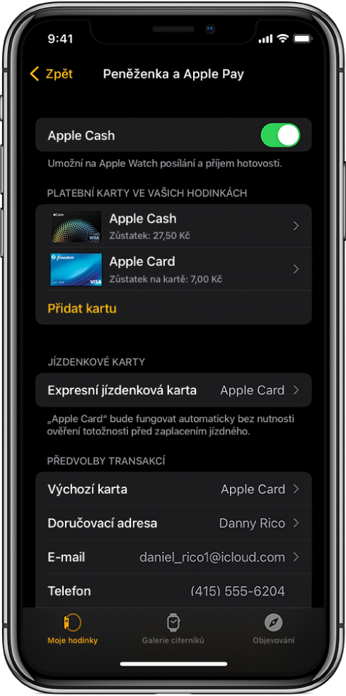 Obrazovka Peněženka a Apple Pay v aplikaci Apple Watch na iPhonu. Na obrazovce jsou vidět karty přidané do Apple Watch, karta, kterou jste vybrali k použití v expresním jízdenkovém režimu, a výchozí volby transakcí.