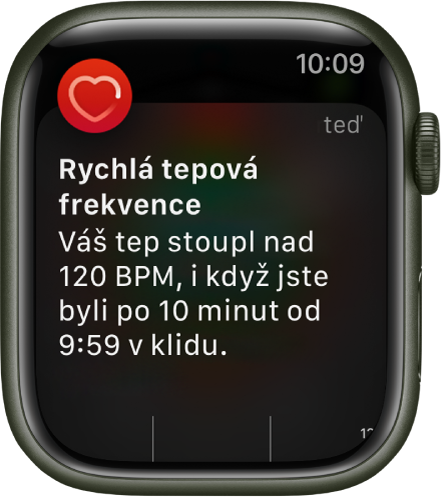 Obrazovka „Rychlá tepová frekvence“ s oznámením, že váš tep překročil 120 BPM, ačkoli jste po dobu 10 minut nevyvíjeli fyzickou aktivitu