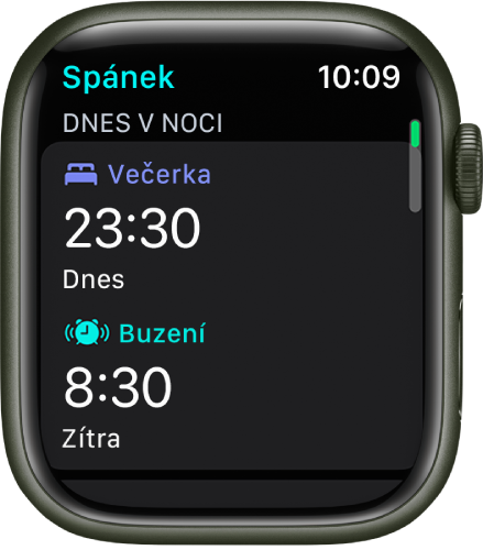 Aplikace Spánek na Apple Watch s večerním spánkovým rozvrhem. Nahoře je uveden čas Večerka a pod ním čas Buzení.