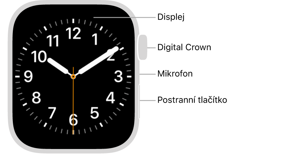 Přední strana hodinek Apple Watch Series 8: na displeji je zobrazen ciferník a na boku se shora dolů nachází korunka Digital Crown, mikrofon a postranní tlačítko.