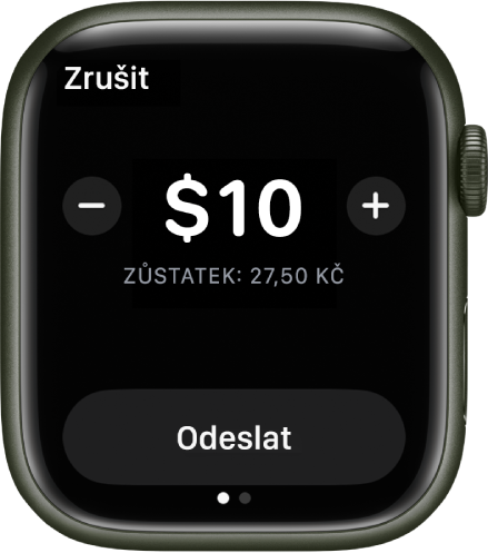 Obrazovka aplikace Zprávy s připravovanou platbou přes Apple Cash. Nahoře je uvedená částka v dolarech. Pod ní se zobrazuje aktuální zůstatek a dole tlačítko Odeslat.