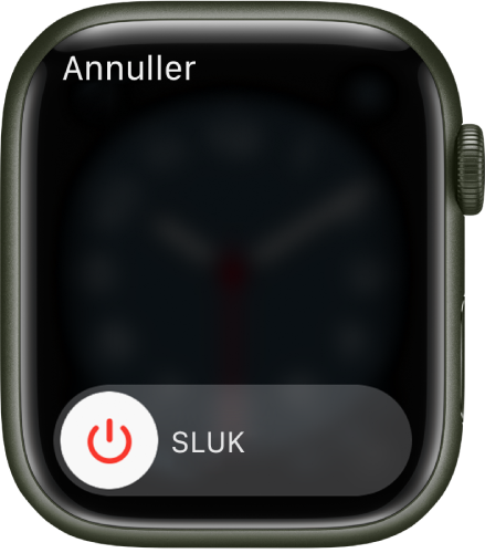 Skærmen på Apple Watch, der viser mærket Sluk. Træk mærket for at slukke Apple Watch.