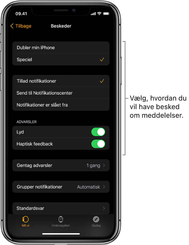 Indstillinger til Beskeder i appen Watch på iPhone. Du kan vælge, om du vil have vist advarsler, slå lyden til, slå haptisk feedback til og gentage advarsler.
