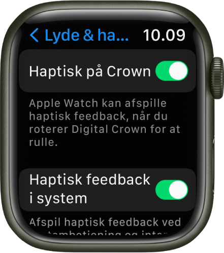 Skærmen Haptisk på Crown viser, at Haptisk på Crown er slået til. Kontakten Haptisk feedback i system vises nedenunder.