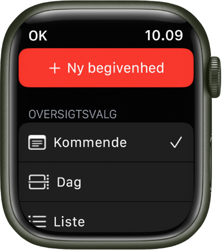I appen Kalender vises knappen Ny begivenhed øverst og tre oversigtsmuligheder nedenfor – Næste, Dag og Liste.