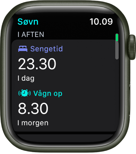 Appen Søvn på Apple Watch, som viser aftenens søvnplan. Sengetiden vises øverst, og derunder vises vækningstiden.