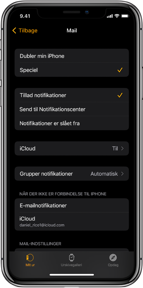 E-mailindstillinger i appen Apple Watch, der viser indstillinger til notifikationer og e-mailkonti.