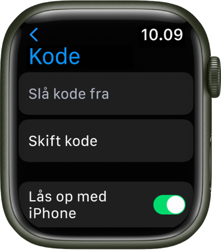 Indstillinger til kode på Apple Watch med knappen Slå kode fra øverst, knappen Skift kode derunder og knappen Lås op med iPhone nederst.