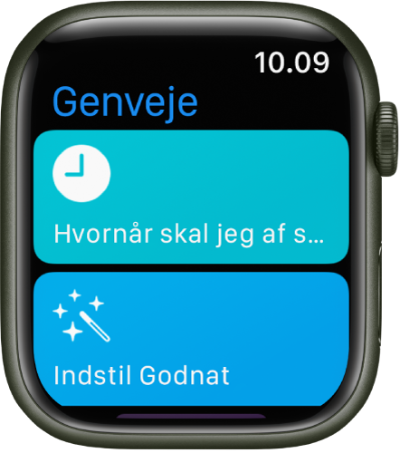 Appen Genveje på Apple Watch viser to genveje – Hvornår skal jeg tage af sted og Indstil godnat.