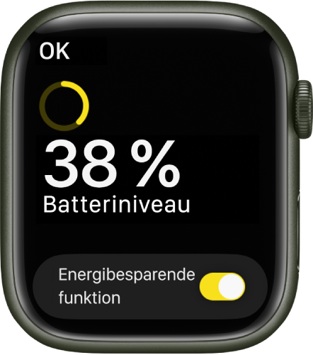 Skærmen Energibesparende funktion viser en del af en gul ring, som angiver den resterende spænding, ordene 38 procent batteritid tilbage og knappen Energibesparende funktion nederst.