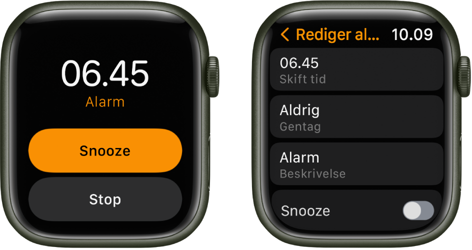 To urskærme: En, der viser en urskive med knapperne Snooze og Stop, og en anden, der viser indstillingerne til Rediger alarm med knapperne Skift tidspunkt, Gentag og Mærke nederst. Der er en Snooze-knap nederst. Knappen Snooze er slået fra.