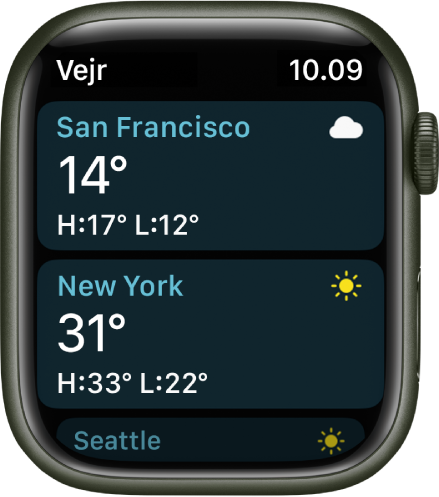 Appen Vejr, der viser vejroplysninger for to byer på listen.