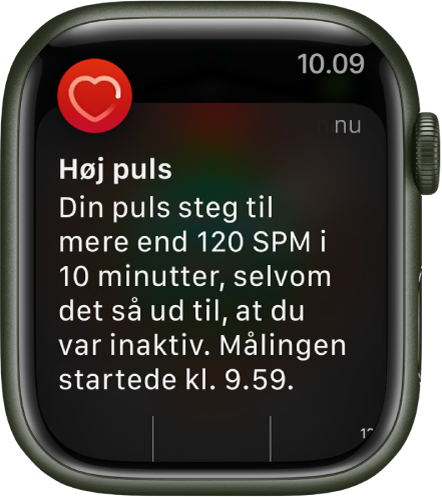 Skærmen Høj puls, der viser en notifikation om, at din puls steg til mere end 120 SPM, mens du var passiv i 10 minutter.