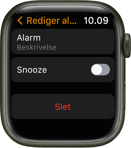 Skærmen Rediger alarm med knappen Slet nederst.