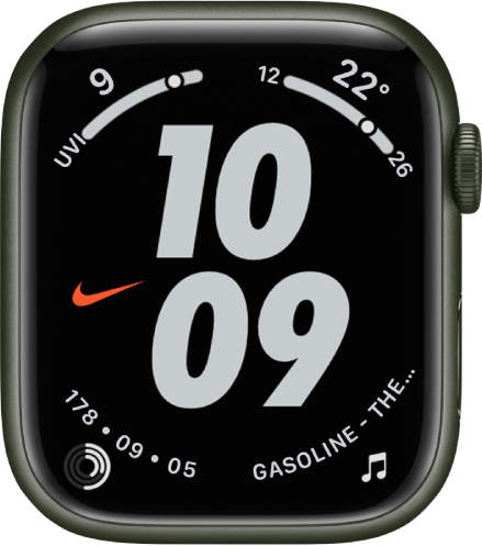 Urskiven Nike Hybrid med store tal, der viser tiden i midten. UV-indeks-komplikationen ses øverst til venstre, Temperatur-komplikationen ses øverst til højre, Aktivitet-komplikationen ses nederst til venstre, og Musik-komplikationen ses nederst til højre.