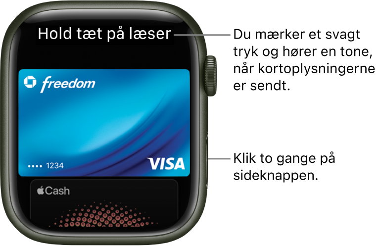 Skærmen Apple Pay med “Hold tæt på læser” øverst. Du mærker et svagt prik og hører et bip, når kortoplysningerne er sendt.