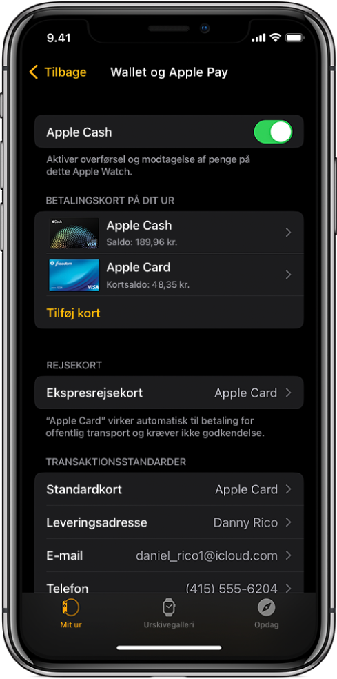 Skærmen Wallet og Apple Pay i appen Watch på iPhone. Skærmen viser kort, der er føjet til Apple Watch, det kort, du har valgt at bruge som ekspresrejsekort, og standardindstillinger til transaktioner.