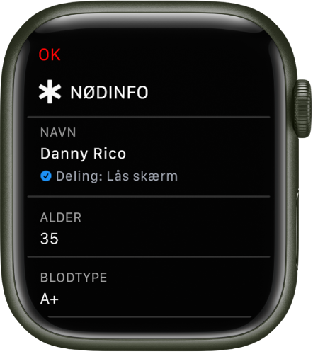 Skærmen Nødinfo på Apple Watch:med brugerens navn, alder og blodtype. Der er et hak under navnet. Det viser, at Nødinfo deles på den låste skærm. Knappen OK findes øverst til venstre.