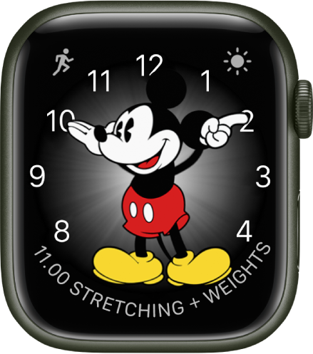 Urskiven Mickey Mouse, hvor du kan tilføje mange komplikationer. Den viser tre komplikationer: Træning øverst til venstre, Vejrforhold øverst til højre og Kalenderplan nederst.