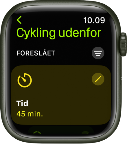 Appen Træning, der viser en skærm til redigering af træningen Cykling udenfor. Feltet Tid findes i midten med en Rediger-knap øverst til højre i feltet. Den aktuelle tid er indstillet til 45 minutter.