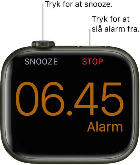 Et Apple Watch, der ligger på siden, hvor skærmen viser en alarm, der er aktiveret. Under Digital Crown ses ordet “Snooze”. Under sideknappen står ordet “Stop”.