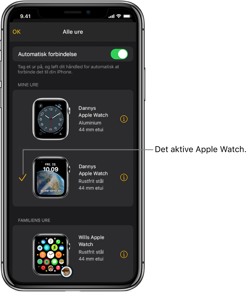 På skærmen Alle ure i appen Watch viser et hak det aktive Apple Watch.